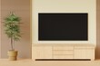 mock up poster frame in modern living room interior design background, using wood wall panelling, 3D render, 3D illustration
