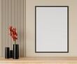 mock up poster frame in modern living room interior design background, using wood wall panelling, 3D render, 3D illustration