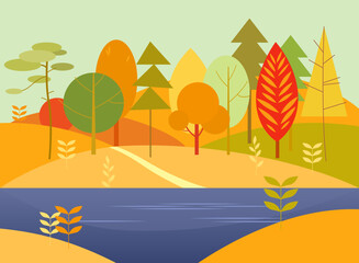 Colorful autumn landscape in flat style for printing and decoration. Vector illustration.