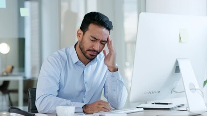 Poster - Tired, stressed and exhausted office executive with a headache reading an email on computer at work. Worried, anxious and unhappy manager trying to meet deadline with problems and issues in workplace