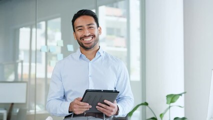 Poster - Tablet in the hands of a happy, confident and carefree business man. Smiling in his office, feeling relaxed, positive and working for success. Manager, boss or CEO laughing and planning a strategy