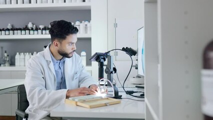 Aufkleber - Healthcare, doctor and laboratory scientist using microscope to examining monkeypox virus. Serious medical professional engineer doing research with scientific equipment for breakthrough cure.