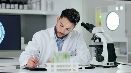Aufkleber - Healthcare analyst, medical technician and scientist working in a science lab. Young doctor doing a test or an experiment, writing his research in a study book while developing a treatment or vaccine