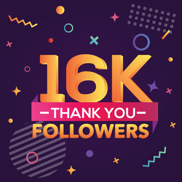 Thank you 16000 followers,thanks banner.First 16K follower congratulation card with geometric figures, lines, squares, circles for Social Networks.Web blogger celebrate a large number of subscribers.