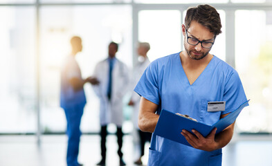 Sticker - Doctor, healthcare professional and medical worker reading, holding and looking at health information and records in a hospital. Practitioner with a clinic file and colleagues in the background