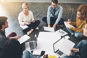 Poster - Creative and busy business people working on strategy planning and brainstorming paper work or ideas at informal meeting from above view. Corporate marketing group collaborating on a digital project