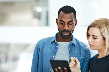 Aufkleber - Business people talking together while checking information, data or statistics on a tablet. Employee asking manager, supervisor or boss for help with a problem, project or idea while standing inside