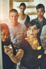 Poster - Lady manager talking and standing in the meeting with the team. Writing notes on boardroom glass wall. Businesspeople, diverse colleagues and coworkers brainstorm together in the office.