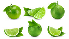 Collection Lime Isolated On White Background. Taste Lime With Leaf. Full Depth Of Field With Clipping Path