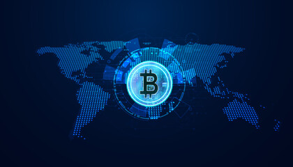 Poster - Abstract Bitcoin Digital Futuristic Modern Background Concept Digital Map Background Dot Blue Currency Cryptocurrency Defi Cashless Finance No Intermediaries