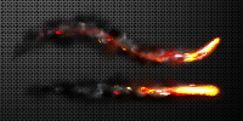 Wall Mural - missile effect, rocket fire trails with black smoke, spacecraft startup launch, space jet flames. re
