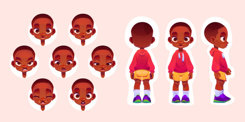 Wall Mural - Standing little boy and his face with different emotions. Vector cartoon illustration of cute child in front, side and back view. Facial expression set of african american kid