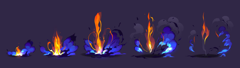 Poster - Magic smoke explode process animation sprite sheet. Cartoon clouds, steam vfx explosion animated shot, sequence frame. Puff effect movement storyboard motion, vector flash boom isolated elements set