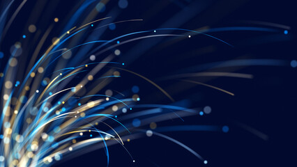 Poster - Blue high tech field with glow particles lines. Hi-tech information flow, blockchain, bigdata visualization. The concepts of business, finance, game, internet, data