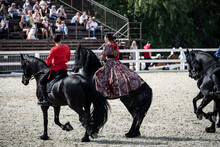 Riders In National Ancient Costumes On Black Beautiful Horses Jump And Dance On The Site