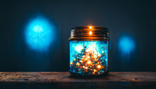 Christmas Background With Glowing Jar Candle, Christmas Holyday View Of A Jar With Snow And A Green Christmas Tree Decoration And Christmas Lights 3d Rendering