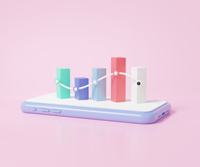 Poster - Growth statistics graph higher on mobile phone on pink background, online stock market trading investment exchange, finance business economics concept. minimal cartoon. 3d render illustration