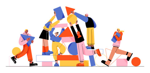 people work together set up abstract geometric shapes. businesspeople teamwork, communicate, corpora