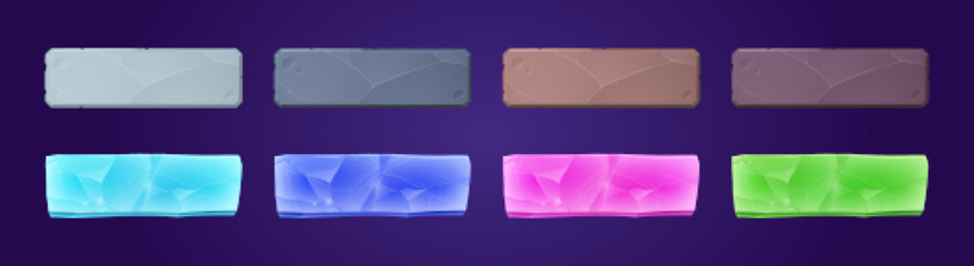 Poster - Stone and crystal game ui app buttons, icons, boards or plaques set. Cartoon rocky and glossy menu interface colorful blocks, rectangular panels. Isolated 2d vector gui graphic design elements