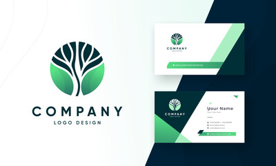 Wall Mural - Round Circle tree logo icon template design Round garden plant natural line symbol Green branch with leaves with business card design Vector illustration