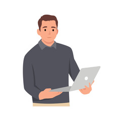 Wall Mural - Young man holding laptop computer and smiling while standing. Flat vector illustration isolated on white background