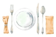 Beautiful Set With Hand Drawn Watercolor Cutlery Knife Fork Spoon Plate And Napkin Used For Eating Or Serving Food. Stock Clip Art Illustration.