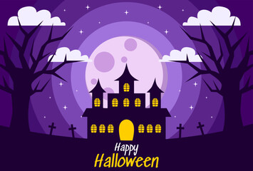 happy halloween background design in purple color for banner, poster, cover and more.
