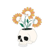 Hippie Groovy Halloween Skull Flowerpot With Skull Flowers Vector Illustration Isolated On White. Retro 70s 60s Braincase Skeleton Dead Head Pot Print For T-shirt Design.