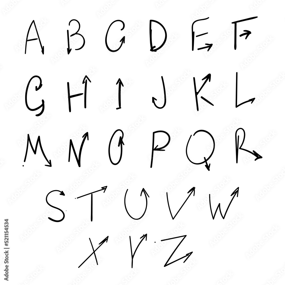Doodle alphabet. Hand drawn vector black ink font. English alphabet ...