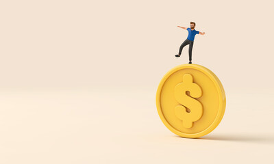 Aufkleber - Person balancing on top of a dollar currency coin. Uncertain economy. 3D Rendering