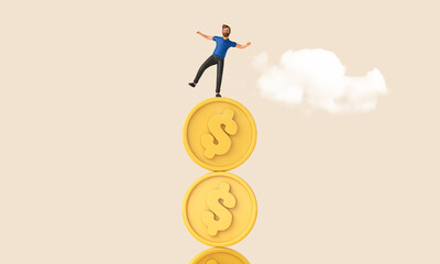 Aufkleber - Person balancing on top of a dollar currency coin. Uncertain economy. 3D Rendering