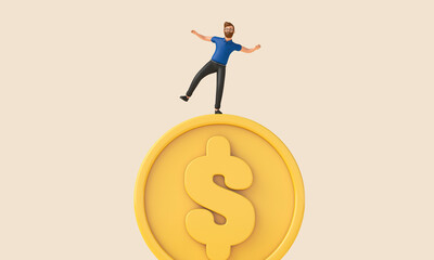 Aufkleber - Person balancing on top of a dollar currency coin. Uncertain economy. 3D Rendering
