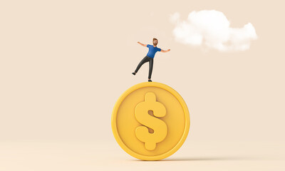 Aufkleber - Person balancing on top of a dollar currency coin. Uncertain economy. 3D Rendering