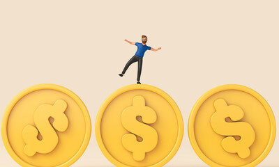Aufkleber - Person balancing on top of a dollar currency coin. Uncertain economy. 3D Rendering