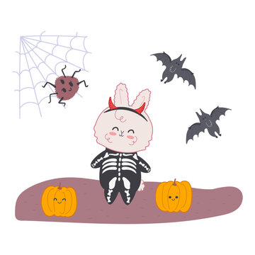Vector illustration of kawaii bunny in costume celebrates halloween with holiday elements pumpkins and bats. Halloween concept for cards, posters and children's decor