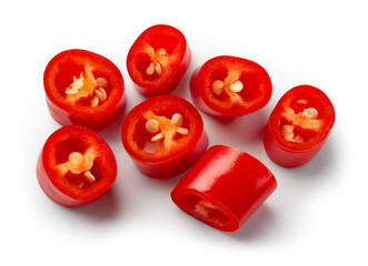 Wall Mural - Chili pepper isolated. Cut chilli top view on white background. Red hot chili peppers slice top. With clipping path.