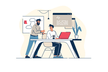 Poster - Software developers concept in flat line design with people scene. Men working as programmists at IT company, programming and creating code, testing and optimization apps. Vector illustration for web