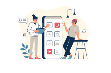 Poster - App development concept in flat line design with people scene. Woman and man make user interface layout for mobile application, creates graphic elements and places buttons. Vector illustration for web