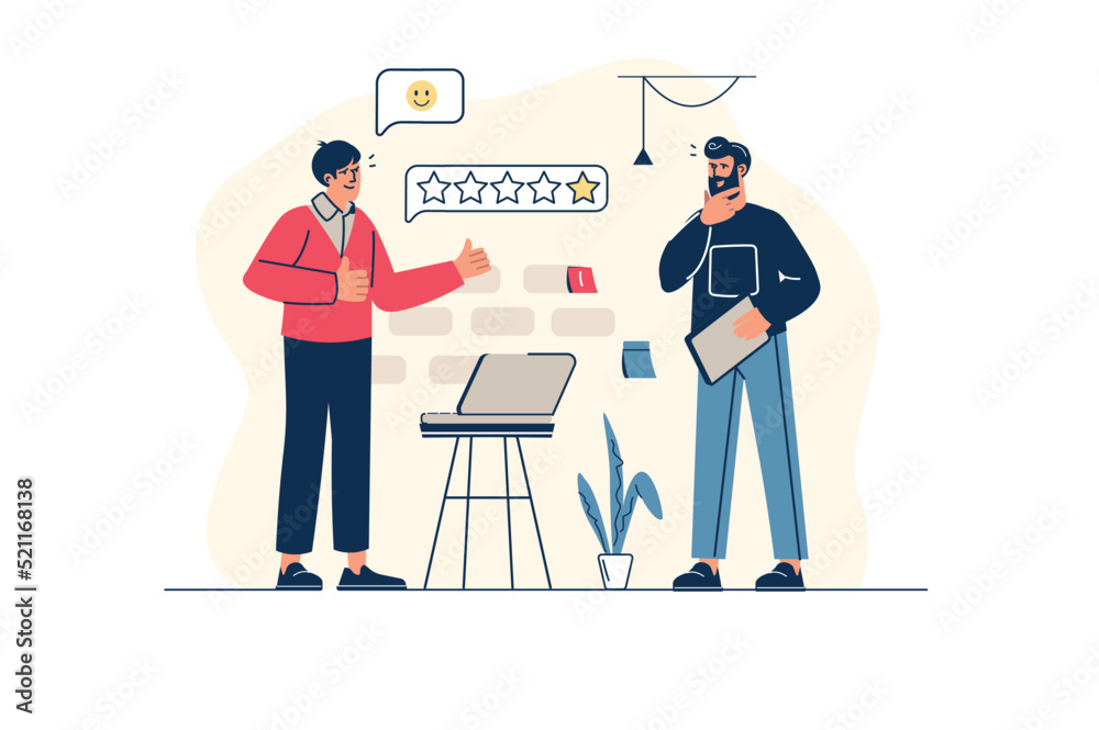 Best feedback concept in flat line design with people scene. Men share ...