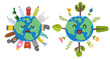 Save the planet print with cute character. Two states of Earth: crying polluted and happy clean planet with trees and plants. Plastic pollution problem concept. Vector illustration
