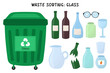 Glass garbage sorting set. Green trash can for glass waste with bottles and tableware. Separating and recycling objects collection. Vector illustration