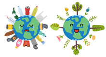 Save The Planet Print With Cute Character. Two States Of Earth: Crying Polluted And Happy Clean Planet With Trees And Plants. Plastic Pollution Problem Concept. Vector Illustration