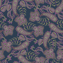 Floral Seamless Pattern With Paisley Ornament. Vector Illustration In Asian Textile Style