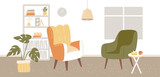 Fototapeta Psy - Psychologist cabinet, cozy room with two comfy chairs, paper tissues, bookcase and monstera homeplant. Horizontal vector illustration