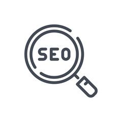 Poster - SEO research line icon. Magnifier glass with SEO vector outline sign.