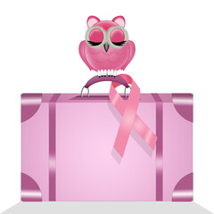 Sticker - little owl with pink ribbon on the suitcase