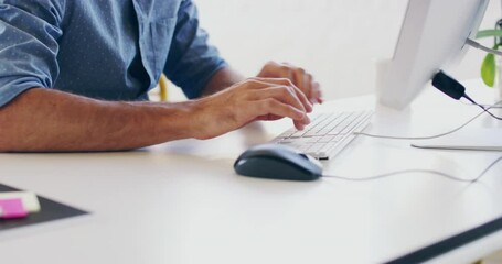 Poster - Hands of a business man typing on a keyboard, sending an email or updating a work document online. Closeup of a professional male working at his desk in the office. Clicking a mouse and scrolling