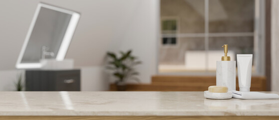 Wall Mural - Luxury marble tabletop with bath accessories and copy space over blurred modern bathroom.