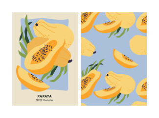 Wall Mural - Vector illustration poster with papaya fruit. Art for postcards, wall art, banner, background. Seamless pattern.
