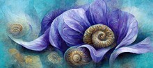 Surreal Ammonite Swirls And Petal Spiral Flowers In Aquamarine Blue And Amethyst Purple Pastel Color Hues. Imaginative Floral Fresco Type Illustration Art That Is Out Of The Ordinary And Fascinating.